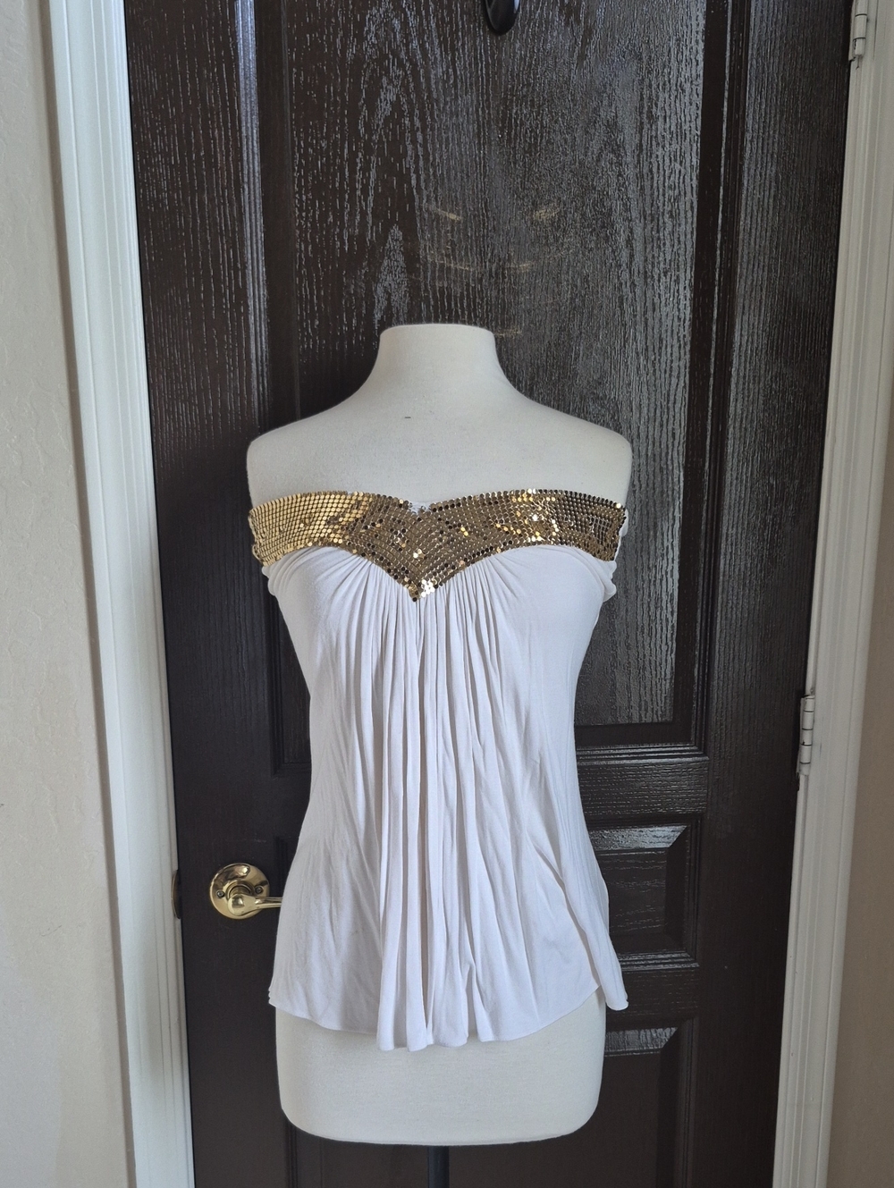 Sky White Strapless Top with Gold Sequin Trim